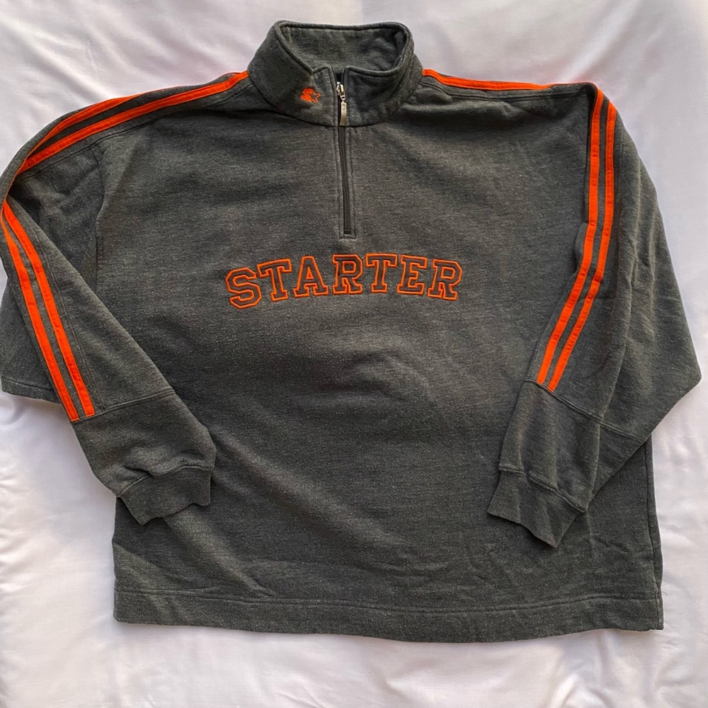 Starter Men Charcoal Grey & Orange Stripe Pullover Zip Mock Neck Sweatshhirt 2XL